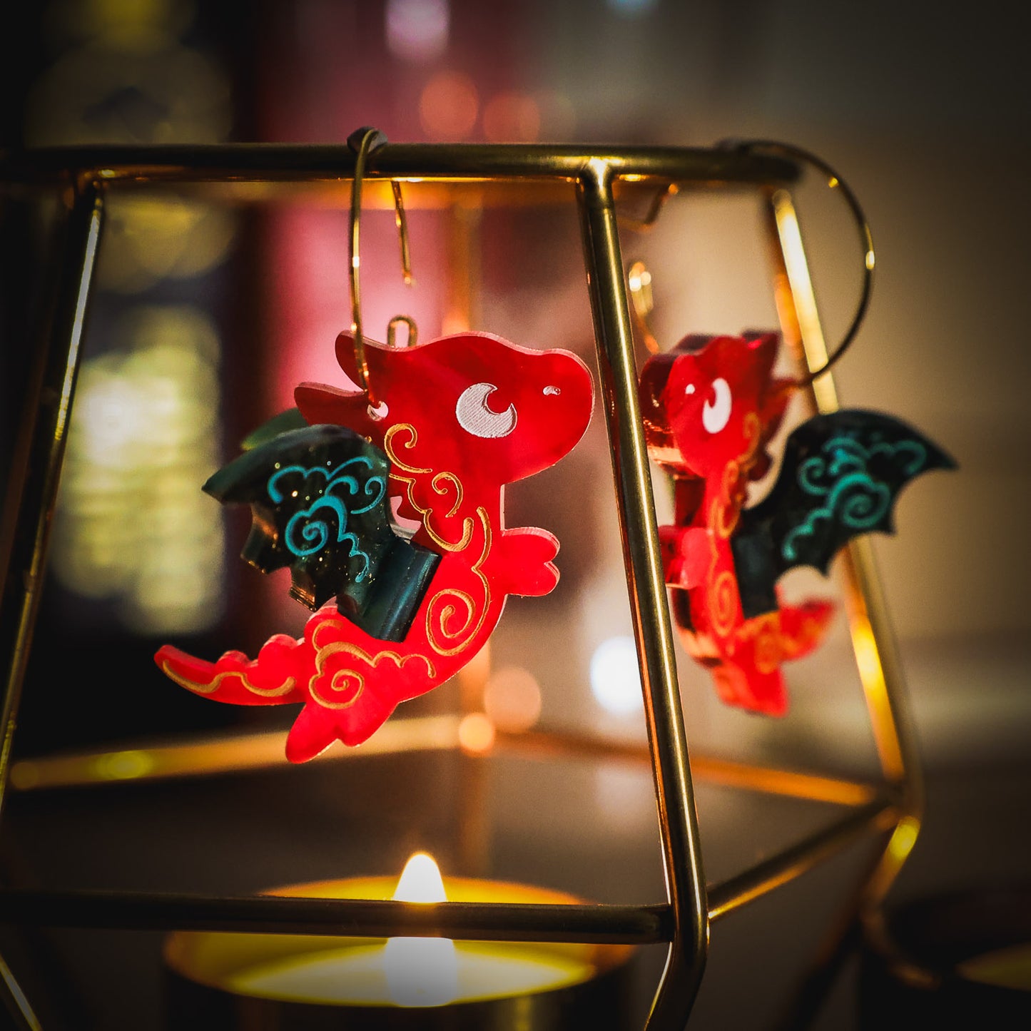 3D Red & Teal Flying Nova Dragon Earrings - Handmade Fantasy Jewellery