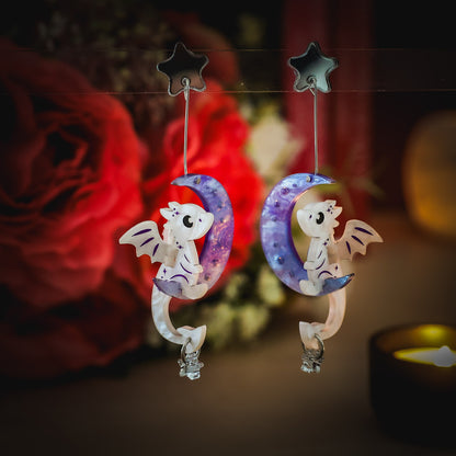 3D Luna Dragon on the Moon Earrings - Handmade Fantasy Jewellery