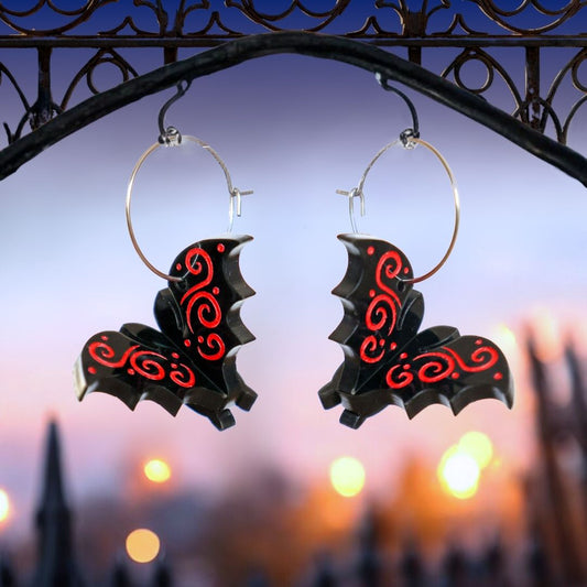 3D Vampire Bats - Acrylic Hoop Earrings - Handmade Fantasy Jewellery