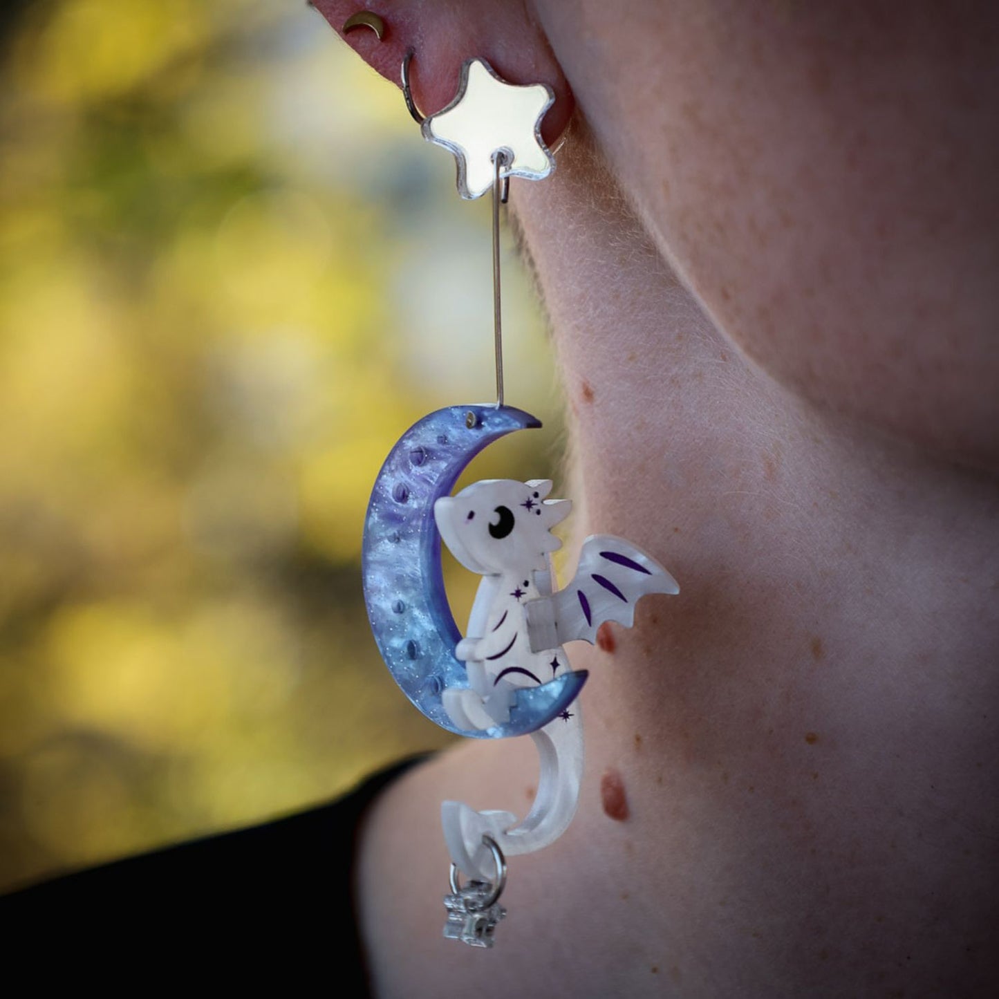 3D Luna Dragon on the Moon Earrings - Handmade Fantasy Jewellery