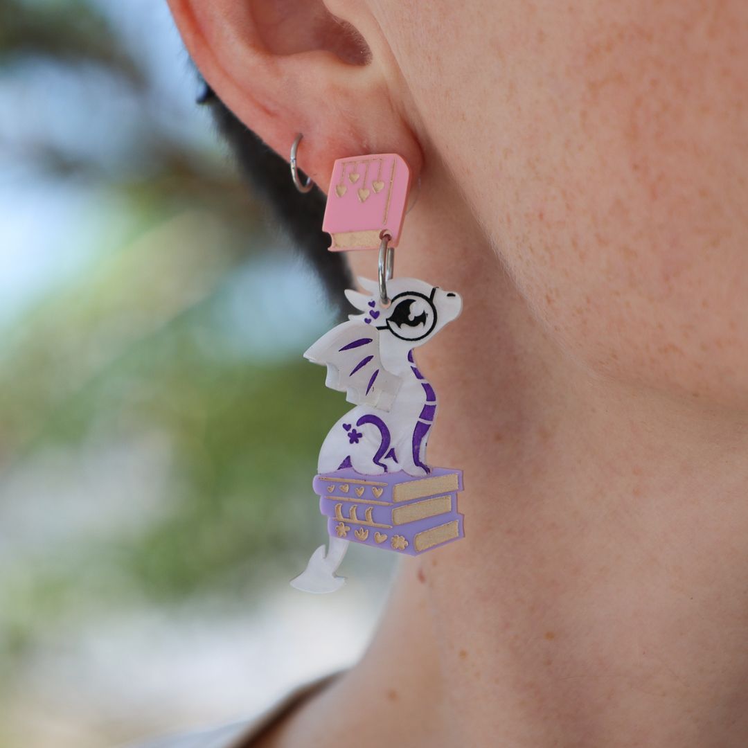 Romance-Reading 3D Book Dragon Earrings - Acrylic Dangle Earrings - Handmade Fantasy Jewellery