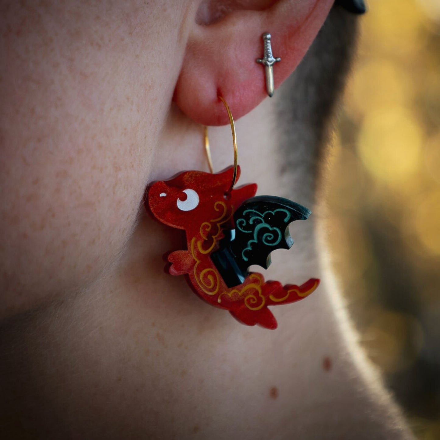 3D Red & Teal Flying Nova Dragon Earrings - Handmade Fantasy Jewellery