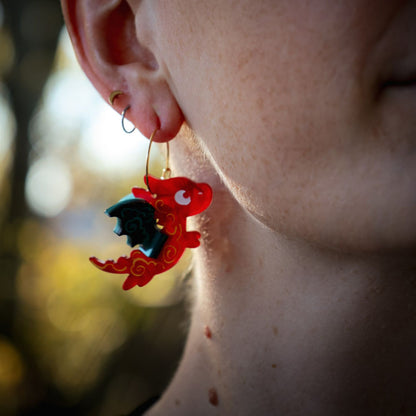 3D Red & Teal Flying Nova Dragon Earrings - Handmade Fantasy Jewellery