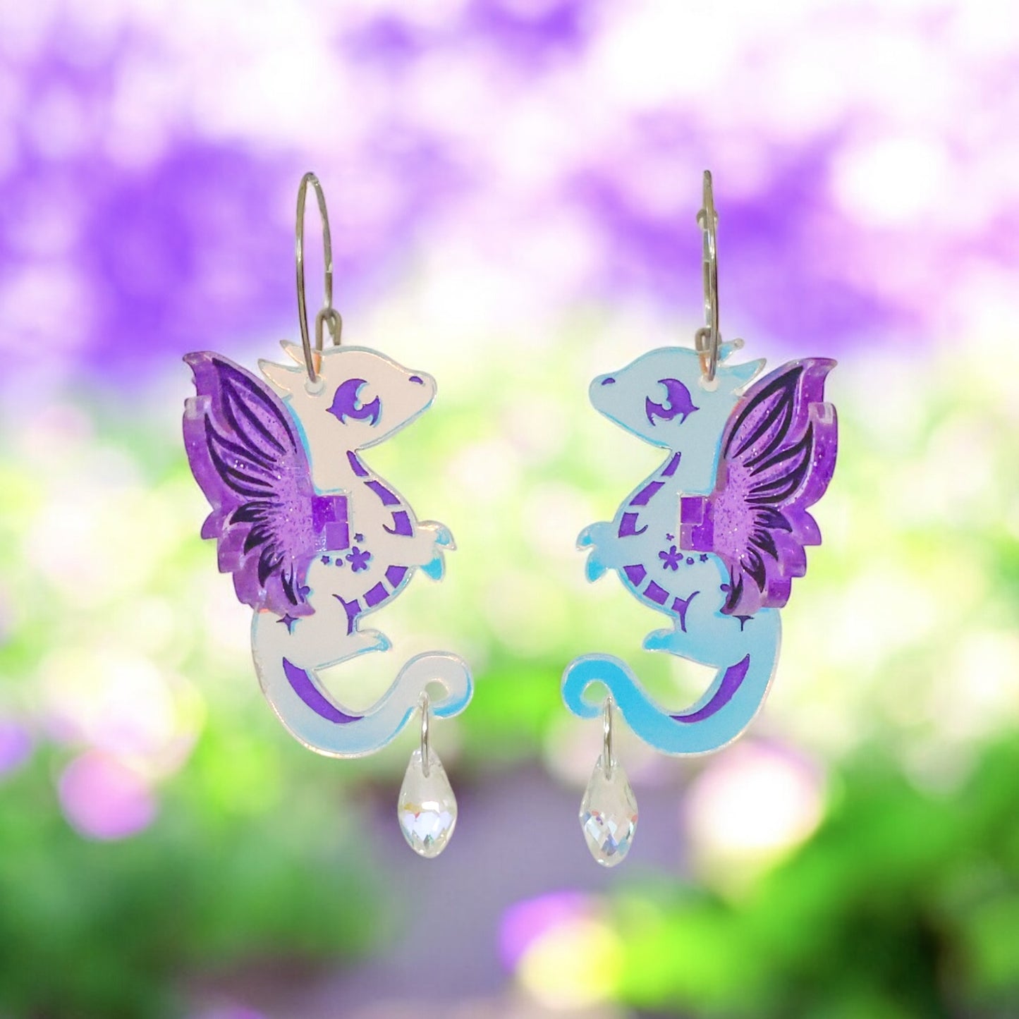 NEW 3D ‘Faye’ Iridescent Fairy Dragon Earrings - Purple - Handmade Fantasy Jewellery