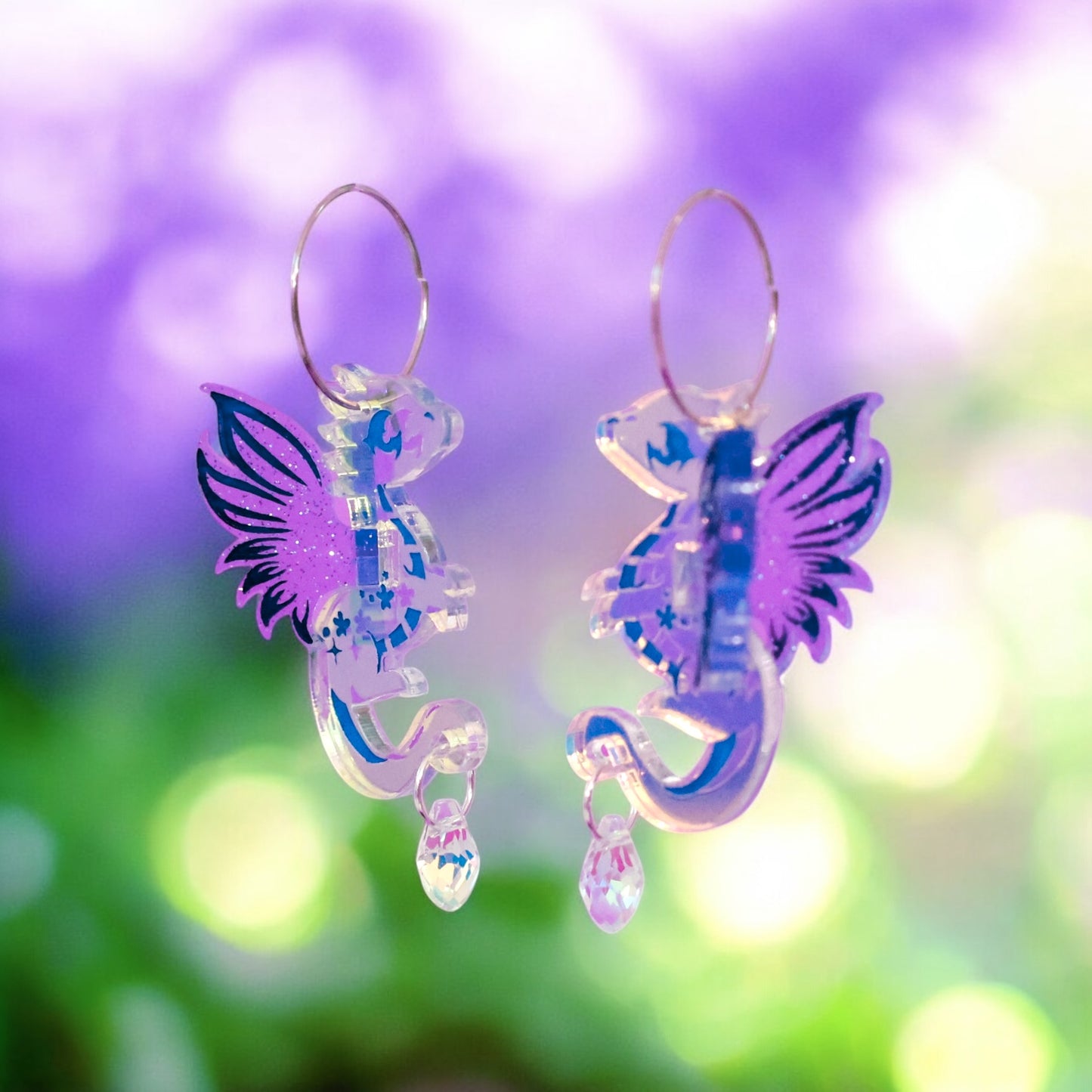 NEW 3D ‘Faye’ Iridescent Fairy Dragon Earrings - Purple - Handmade Fantasy Jewellery