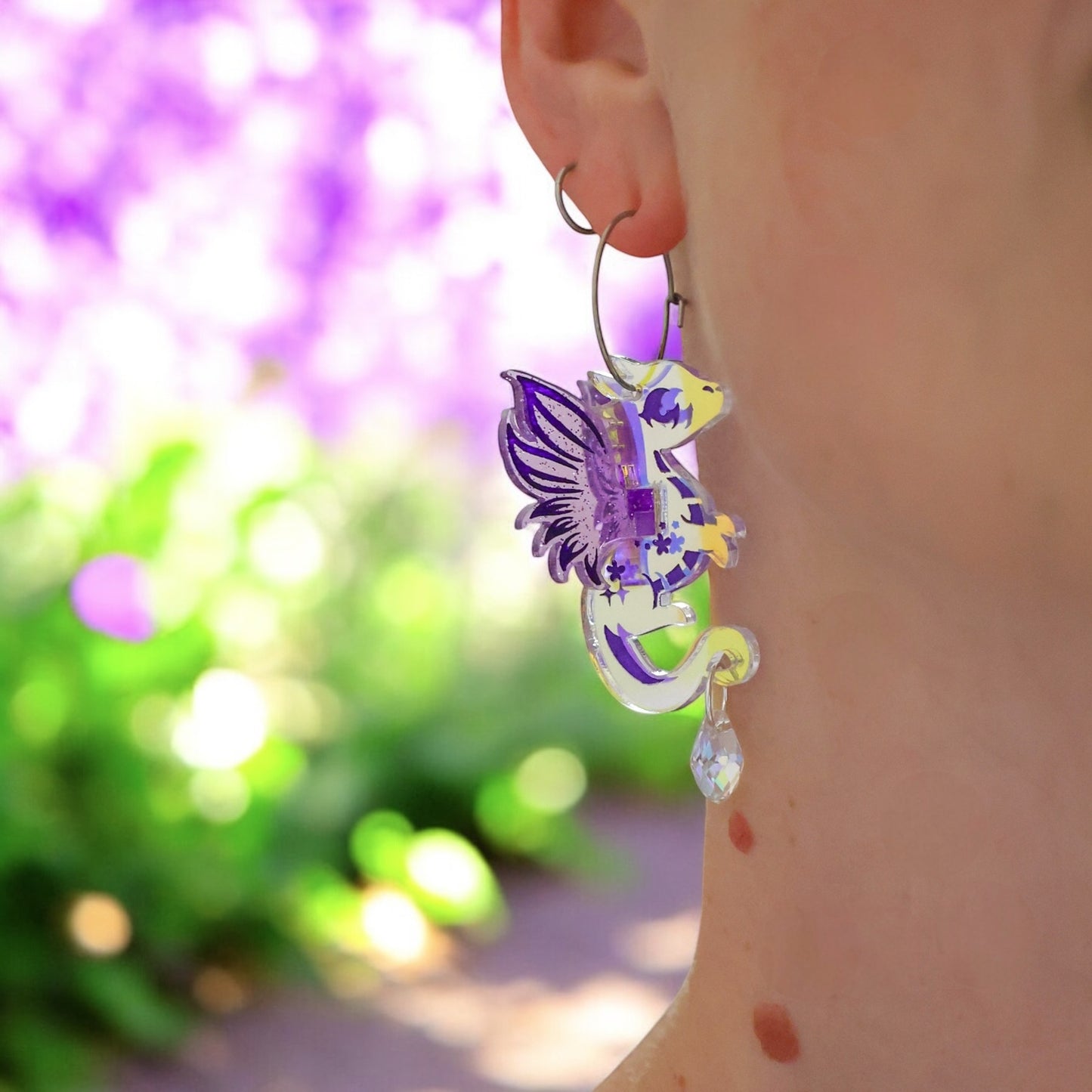 NEW 3D ‘Faye’ Iridescent Fairy Dragon Earrings - Purple - Handmade Fantasy Jewellery