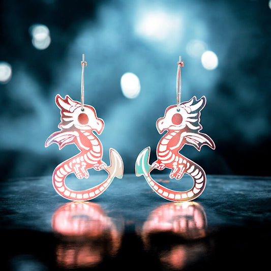 Reversible Iridescent Skeleton Dragon Earrings - Handmade Fantasy Jewellery