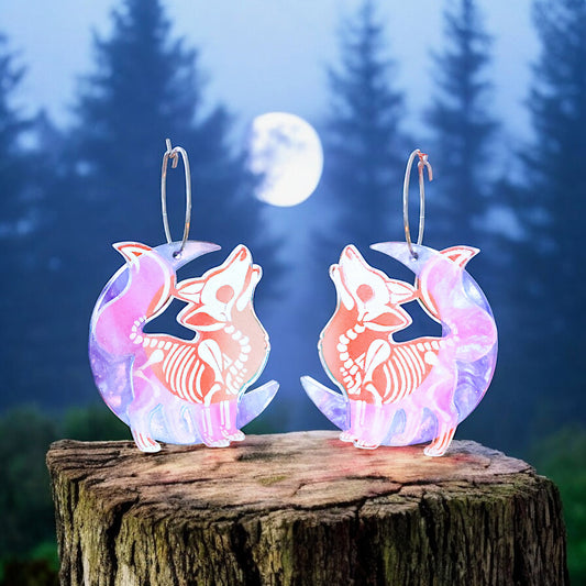 Iridescent Skeleton Wolf Earrings - Handmade Fantasy Jewellery